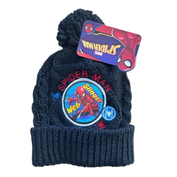 Czapka dziecięca Marvel Spiderman dla chłopca zimowa z pomponem szara