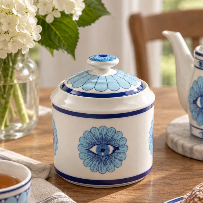 Cukiernica Jonathan Adler Druggist porcelanowa biało-niebieska