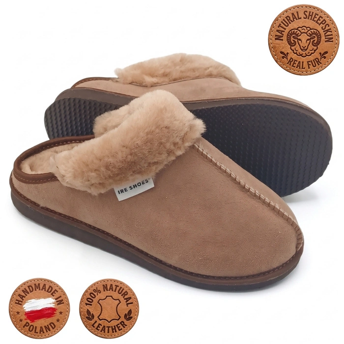 Kapcie damskie IRE SHOES ze skóry owczej naturalny kożuch futro ciepłe ręcznie szyte r. 40